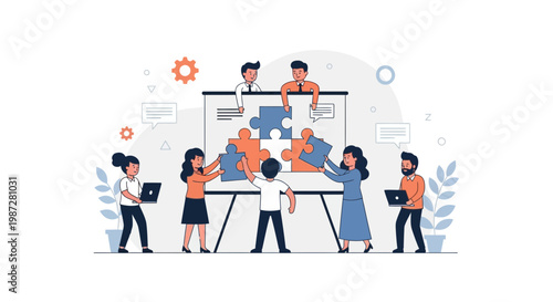 Teamwork puzzle collaboration concept, business people assembling jigsaw pieces on whiteboard