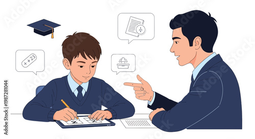 Student learning with teacher, education concept, graduation cap, tablet, math symbols