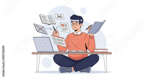 Student multitasking with books, laptop, and notes, studying online and managing tasks