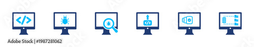 Software development icon set. coding, programming, debugging, system, technology. solid style icon collection.