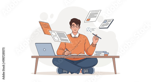 Student multitasking with laptop, books, and papers, focused on learning and studying