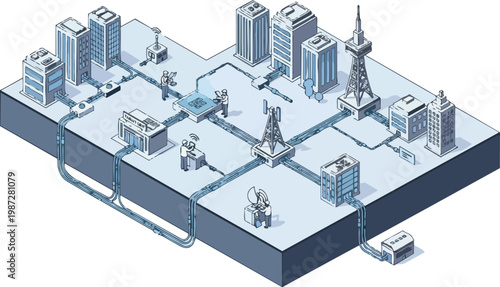 Isometric Smart City Infrastructure Concept with Interconnected Telecommunications Towers and Data Network Cables