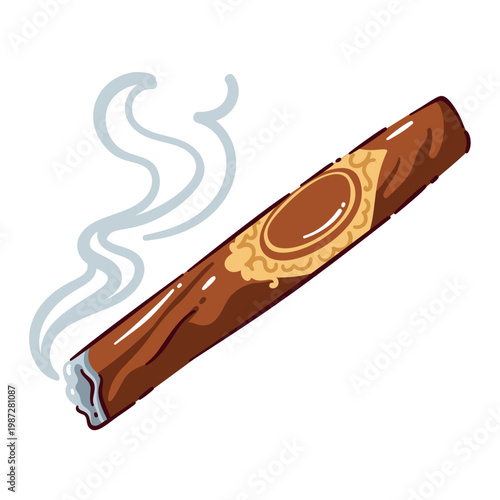 Cigar with gold band, brown wrapper and curling smoke, angled game token. Mafia board game role prop, crime party clue with cigar, cartoon vector illustration.