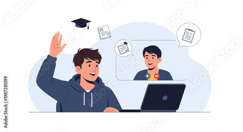 Student raising hand for online class, e-learning, graduation cap, laptop, video call