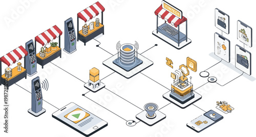 Isometric Fintech Ecosystem Illustration: Digital Payment Network, E-commerce Market Stalls, Mobile Wallet App, and Financial Data Server Infrastructure