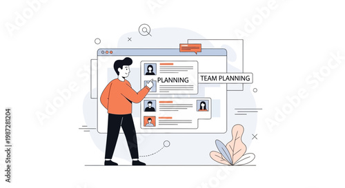 Team planning concept: man choosing candidate from list on screen, business strategy