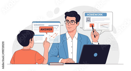 Teacher helping student with online homework and answers on screen