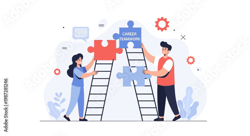 Teamwork and Career Growth: People Building Puzzle Pieces on Ladders