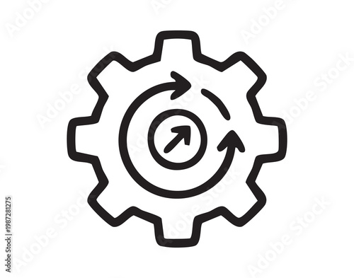 Gear icon depicting iterative process with circular arrows and center arrow, showing workflow optimization, system update and continuous improvement in simple monochrome stroke style for business