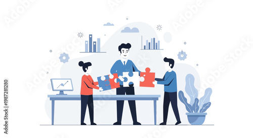 Teamwork and Collaboration: Business People Assembling a Puzzle