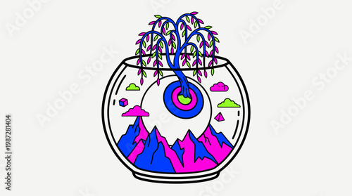 Giant Eyeball Terrarium with Mountains and Willow Tree Pop Surrealism Flat Illustration with Bold Outlines