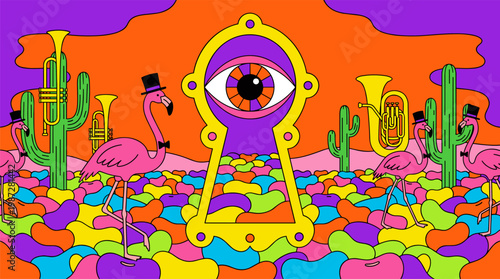 Surreal Floating Keyhole with Eye and Flamingos in Jellybean Desert Pop Surrealism Flat Illustration with Bold Outlines