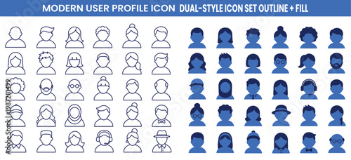 Modern user profile icon set with outline and fill styles icon set