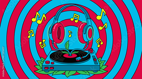 Surreal Music Garden With Headphone Flowers And Vinyl Record Pop Surrealism Flat Illustration