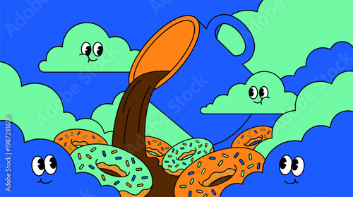 Coffee Mug Mountain Peak With Donuts And Sprinkles Pop Surrealism Flat Illustration Style