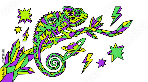 Cosmic Chameleon On Crystal Branch Pop Surrealism Flat Illustration With Bold Outlines
