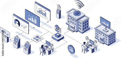Isometric FinTech Ecosystem Illustration with API Integration and Digital Banking Infrastructure