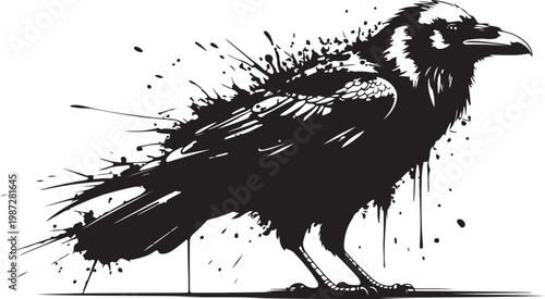 Bird graffiti silhouette, eagle grunge icon, crow spray wall art symbol, grafitti tag isolated. Black Ink Crow Street Art