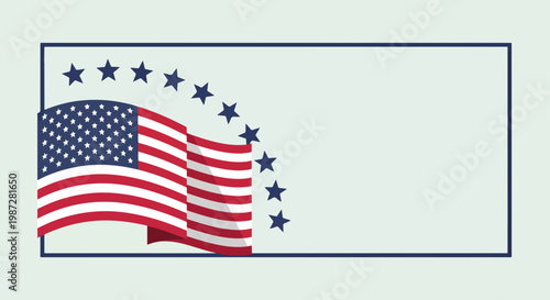 American flag waving with stars and stripes in background for Flag Day celebration. Symbolic representation of patriotism and national pride. Perfect for Flag Day promotions and events.