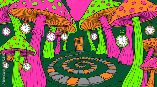 Surreal Mushroom Forest with Hanging Pocket Watch Fruit Pop Surrealism Flat Illustration with Bold Outlines