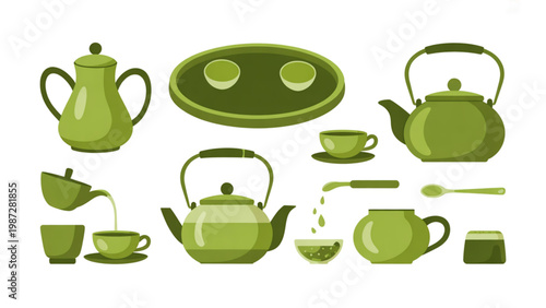 Green Tea Serving Set Icon Vector Collection – Teapot, Cup, Kettle and Tea Tray Flat Illustration