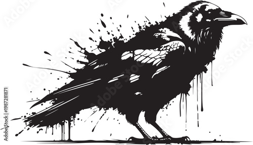 Bird graffiti silhouette, eagle grunge icon, crow spray wall art symbol, grafitti tag isolated. Black Ink Crow Street Art