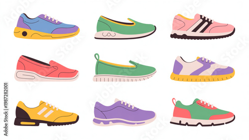 Fashion Casual Footwear Icon Set – Sneakers, Flats and Everyday Shoes Vector Flat Illustration Collection