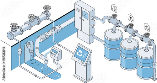 Industrial Water Recycling System Isometric Illustration with Smart Monitoring Station, Pipe Network, Storage Tanks, and Sustainable Water Management Concept