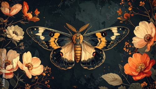 Elegant Moth Amidst Floral Splendor - A Botanical Art Nouveau Composition.