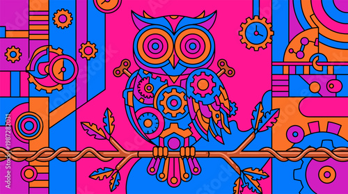 Mechanical Owl with Clockwork Gears for Feathers Pop Surrealism Flat Illustration with Bold Outlines and Vibrant Colors