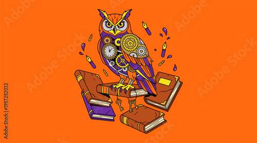 Mechanical Clockwork Owl Perched On Levitating Books Pop Surrealism Flat Illustration With Bold Outlines