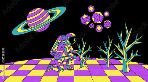 Astronaut Planting Crystalline Trees on Checkerboard Moon Surface, Pop Surrealism Flat Illustration with Bold Outlines
