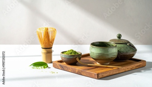 Elegant matcha tea ceremony set on wooden tray with sunlight.
