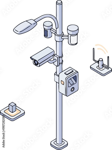 Smart City Infrastructure Isometric Illustration: IoT Utility Pole with CCTV, 5G Wireless Sensors, and Environmental Monitoring Devices on White Background