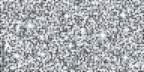 A mosaic background with small black and white tiles and a pixelated design