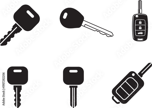 Car Key Glyph Icons Set - Vehicle Key, Flip Remote Key, Smart Key Fob Black Silhouette Vector