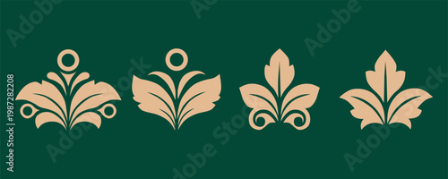 Collection of four beige floral designs on a dark green background