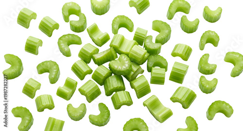 Fresh green celery sticks and slices, isolated on white or transparent background