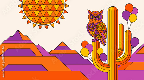 Mechanical Gear Owl Perched on Balloon Cactus Pop Surrealism Flat Illustration with Bold Outlines