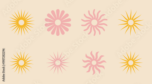 Vibrant floral pattern with pink and yellow sunburst designs on beige background
