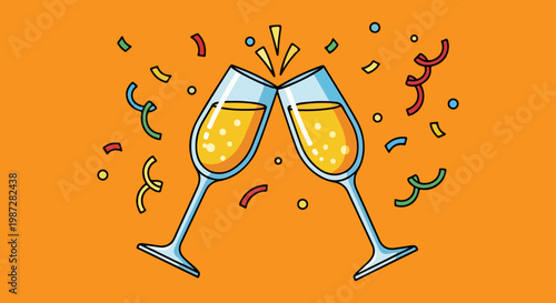 Champagne glasses clinking in celebration, festive toast with sparkling wine and colorful confetti, cartoon vector illustration on orange background