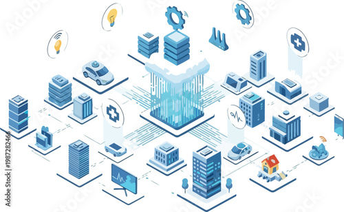Isometric Smart City Technology Concept with Cloud Computing, IoT Network Connectivity, and Digital Infrastructure Data Management