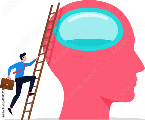 Mental health concept vector, businessman climbing ladder into human head, psychology and cognitive therapy illustration, brain development and self-growth