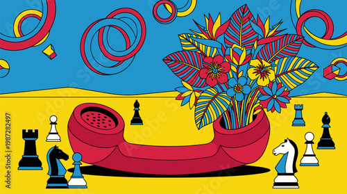 Vintage Telephone with Tropical Flowers and Chess Pieces Pop Surrealism Flat Illustration with Bold Outlines
