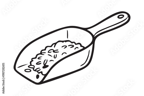 Kitchen utensil for rice portion measurement. Durable metal scoop for cooking and food storage needs. Stainless steel utensil designed for measuring and dispensing rice conveniently