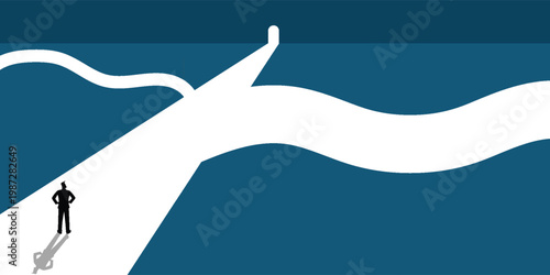 A person stands at a fork in a white path against a blue background, contemplating a decision about which direction to take, symbolizing choice and future.