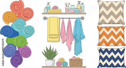 Bathroom Decor and Textile Collection with Towels Hanging Rolled Fabrics Shelves and Decorative Pillows Flat Vector Illustration Set