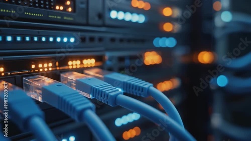 Network Switch with Ethernet Cables Plugged into Ports in a Data Center.
