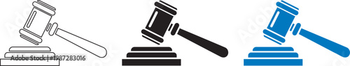 A set of three gavel icons in different colors