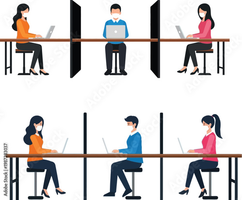 Flat vector illustration of office employees wearing face masks working on laptops at desks with glass safety partitions